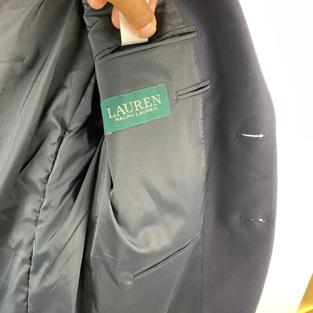 Lauren Ralph Lauren Gold Button Wool Blazer Mens 40R Navy Blue Two-Button Jacket